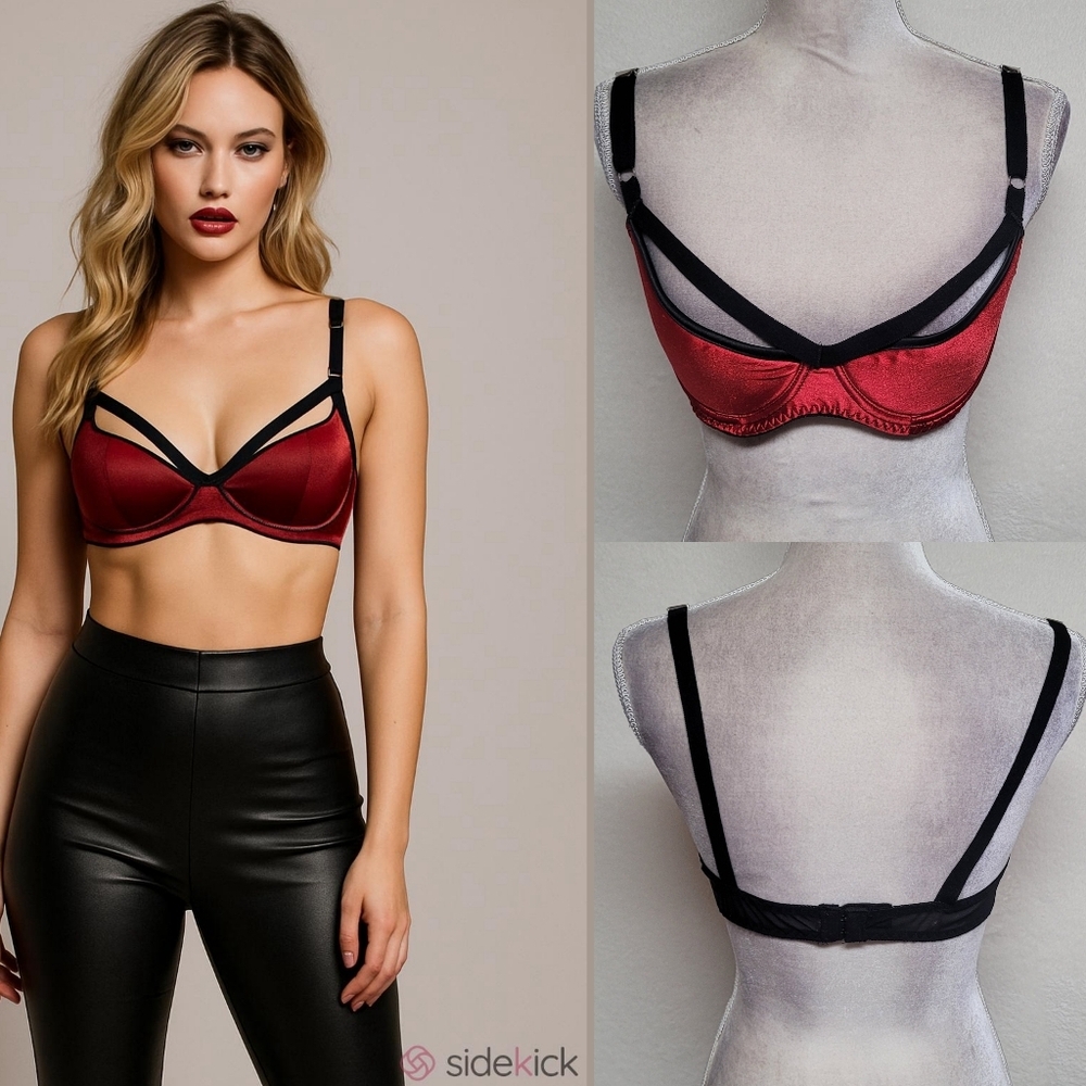 Frederick's Of Hollywood Vintage Red Satin Black Strappy Lightly Padded Demi Bra - Picture 1 of 12